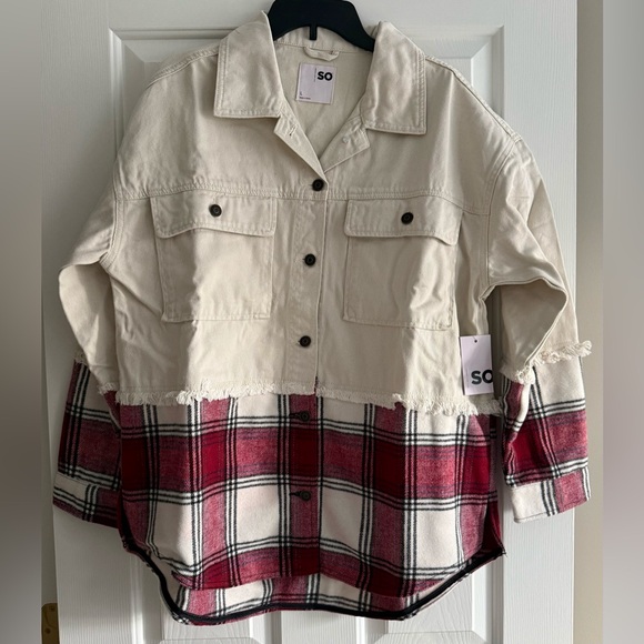 SO Oversized Mixed Media Denim & Flannel Shacket Red & Cream Size S M L XL NWT - Picture 2 of 4